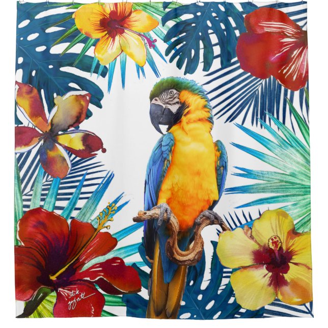Tropical Macaw Parrot Yellow Teal Red Floral Beach (Front)