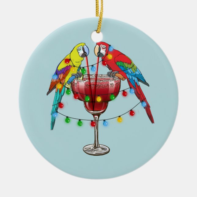 Tropical Macaws Drinking Wine Ceramic Ornament (Front)