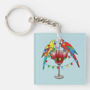 Tropical Macaws Drinking Wine Keychain