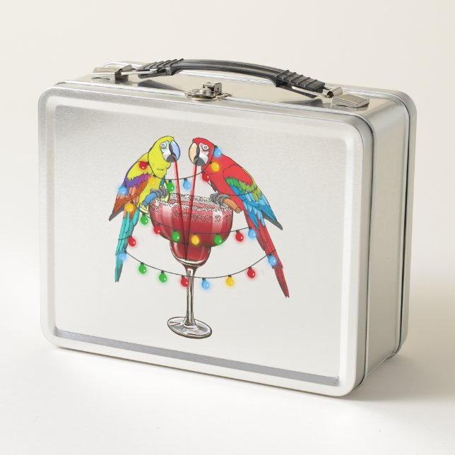 Tropical Macaws Drinking Wine Metal Lunch Box (Front)