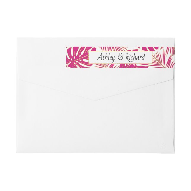 Tropical magenta monstera and palm leaves wedding wrap around label (Back)