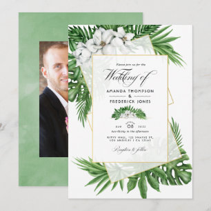 Tropical Magnolia Geometric Wedding Photo Invitation