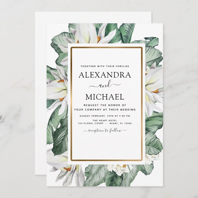 Tropical Magnolia Greenery Floral Palm Wedding Invitation (Front/Back)