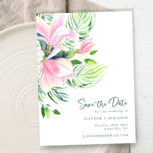 Tropical Magnolia Pink Green Botanical Wedding Save The Date