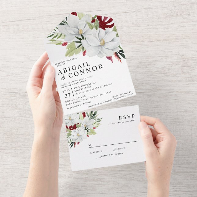 Tropical Magnolia White Green Red All In One Invit Invitation (Tearaway)