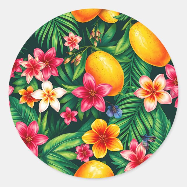 Tropical Mango and Palm Leaf Pattern Classic Round Sticker (Front)