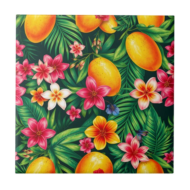 Tropical Mango and Palm Leaf Pattern Tile (Front)
