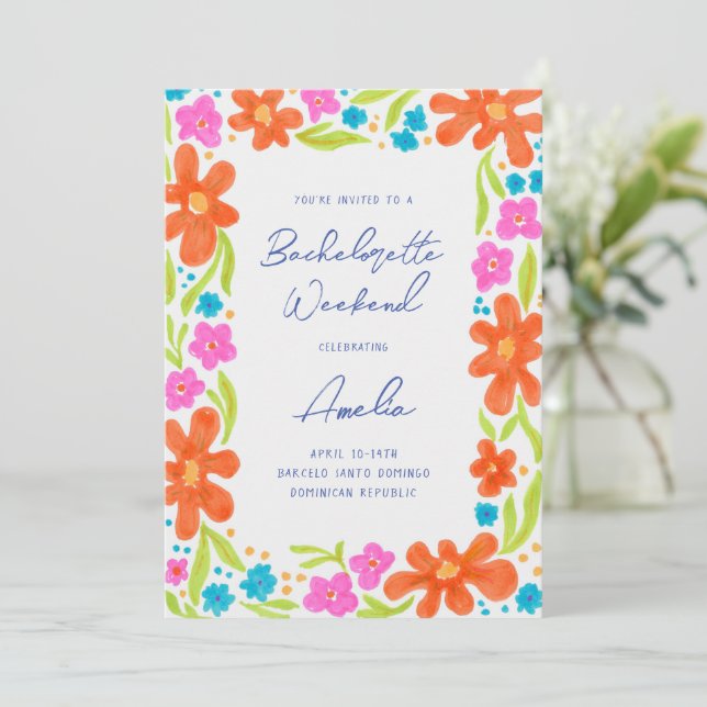 Tropical Marker Sketch Flower Border Bachelorette Invitation (Standing Front)