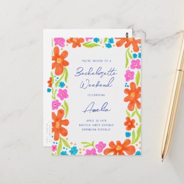 Tropical Marker Sketch Flower Border Bachelorette Postcard (Front/Back In Situ)