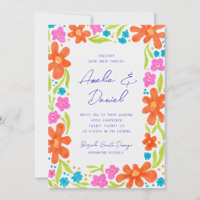 Tropical Marker Sketch Flower Border Wedding Invitation (Front)