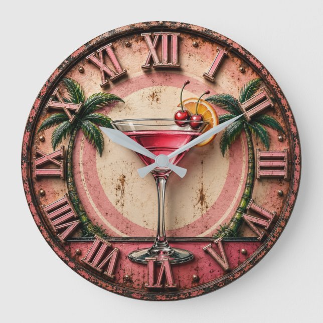 Tropical Martini Pink Cocktail Bar Decor Large Clock (Front)
