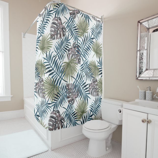 Tropical Mauve Green Palm Leaves Watercolor Art (In Situ)