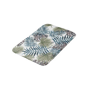 Tropical Mauve Green Palm Leaves Watercolor Art Bath Mat