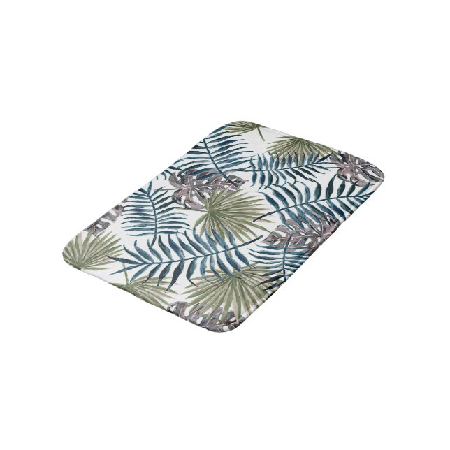 Tropical Mauve Green Palm Leaves Watercolor Art Bath Mat (Angled)