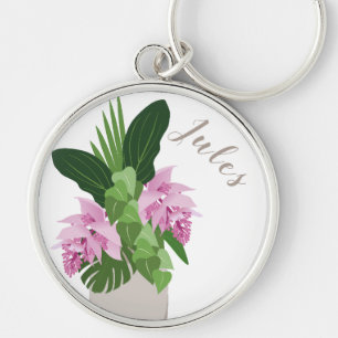 Tropical Medinilla Pink Flower Beige Vase on White Keychain