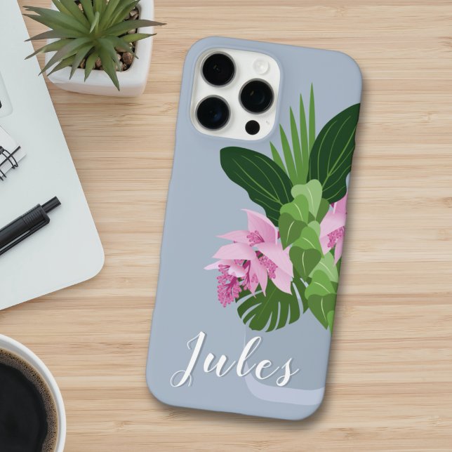 Tropical Medinilla Pink Flower in Blue Vase Name Case-Mate iPhone Case (Creator Uploaded)