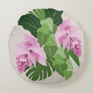 Tropical Medinilla Pink Flower on Beige Round Pillow