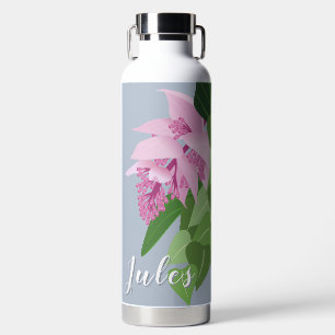 Tropical Medinilla Pink Flower on Blue Name Water Bottle