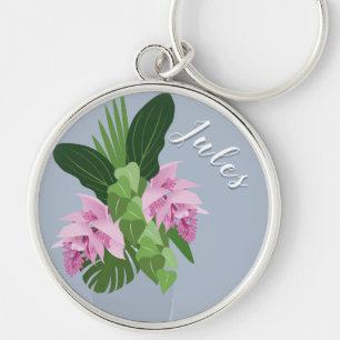 Tropical Medinilla Pink Flower Vase on Blue Name Keychain