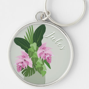 Tropical Medinilla Pink Flower Vase on Green Name Keychain