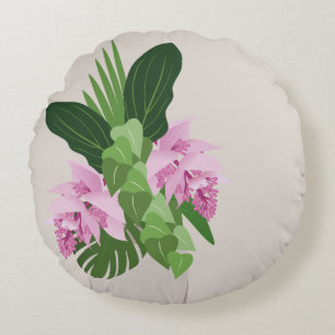 Tropical Medinilla Pink Flower Yellow Vase Beige Round Pillow