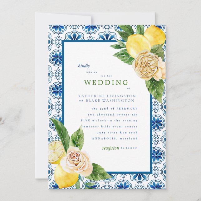 Tropical Mediterranean Blue & Lemons Wedding Invit Invitation (Front)