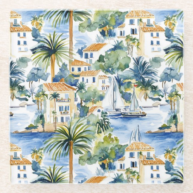 Tropical Mediterranean Wedding  Glass Coaster (Front)