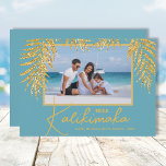 Tropical Mele Kalikimaka Christmas Photo Holiday Card<br><div class="desc">Glamourous faux gold glitter palm fronds on a turquoise background highlight your favourite photo on these holiday Christmas photo cards. Mele Kalikimaka and your names on the bottom in chic lettering. High Definition for best quality. MORE COLORS and multi-photo style done for you in our collection.</div>