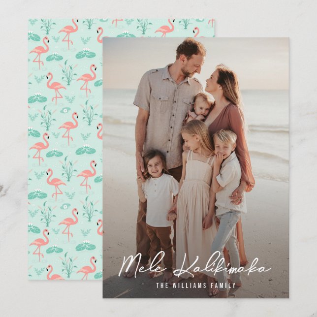 Tropical Mele Kalikimaka Pink Flamingo Photo Holiday Card (Front/Back)