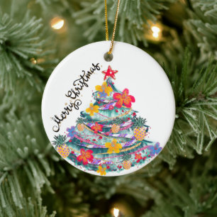 Tropical Merry Christmas Christmas Tree T-Shirt To Ceramic Ornament