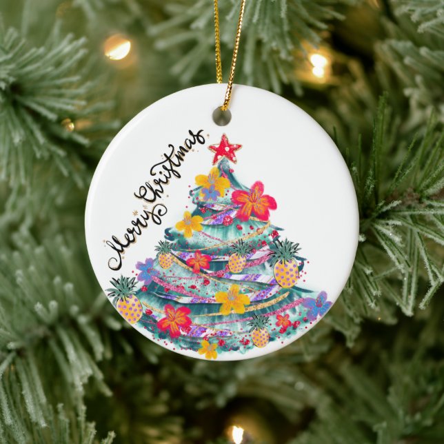 Tropical Merry Christmas Christmas Tree T-Shirt To Ceramic Ornament (Tree)