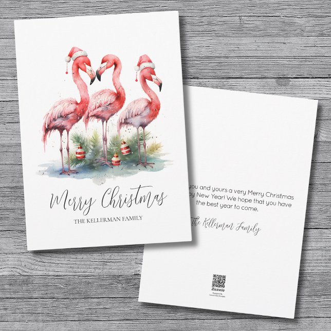 Tropical Merry Christmas Holiday Card (Pink Flamingo Tropical Merry Christmas Holiday Card)