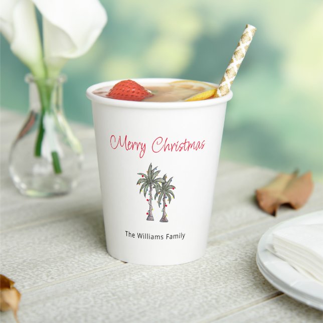 Tropical Merry Christmas Palm Trees Beach  Paper Cups (Insitu)