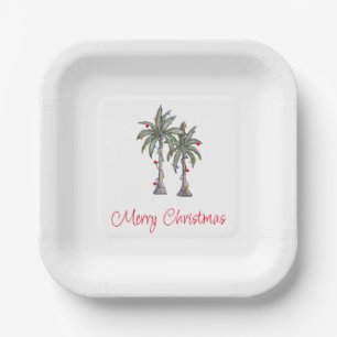Tropical Merry Christmas Party Palm Trees Paper Plate