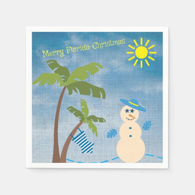 Tropical Merry Florida Christmas Snowman on Beach Napkin (Front)
