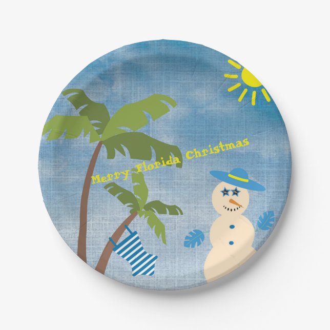 Tropical Merry Florida Christmas Snowman on Beach Paper Plate (Front)