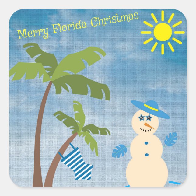 Tropical Merry Florida Christmas Snowman on Beach Square Sticker (Front)