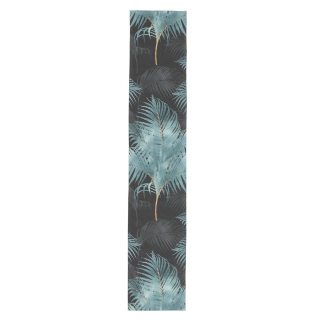 Tropical Metallic Blue & Gold Palm Leaves Summer Medium Table Runner (Front)