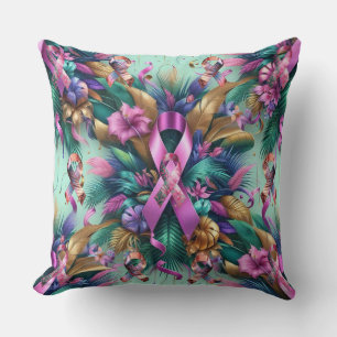 Tropical Metallic Pink Cancer Ribbon Throw Pillow