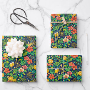 Tropical Midnight Toast Celebration Pattern Wrapping Paper Sheet