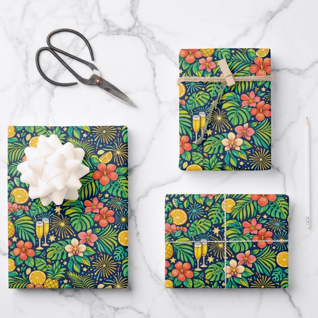 Tropical Midnight Toast Celebration Pattern Wrapping Paper Sheet (Front)