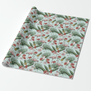 Tropical Mint Flamingo Floral Pattern Wrapping Paper