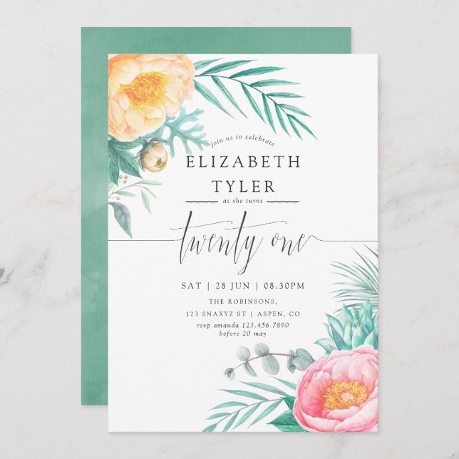Tropical Mint Floral 21st Birthday Party Invite (Front/Back)