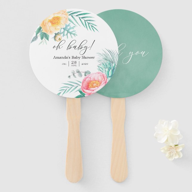Tropical Mint Floral Baby Shower Hand Fan (Front and Back)