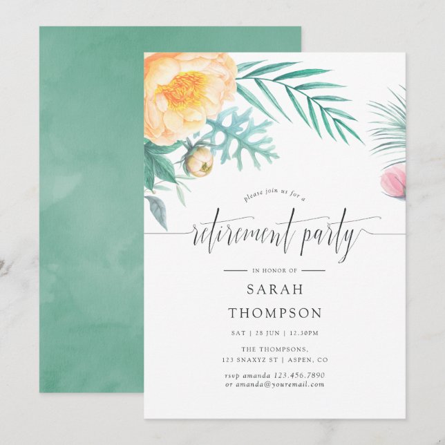 Tropical Mint Floral Retirement Party Invitation (Front/Back)