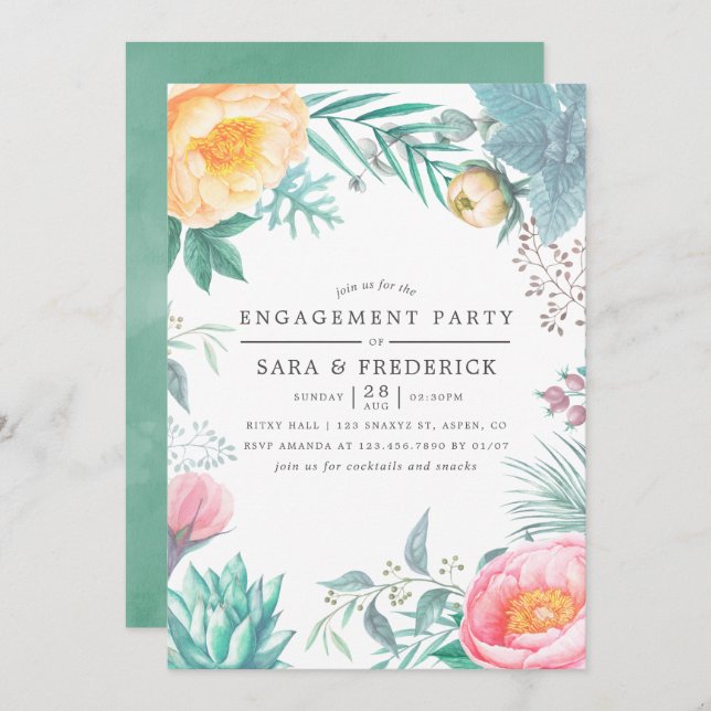 Tropical Mint Floral Summer Engagement Party Invitation (Front/Back)