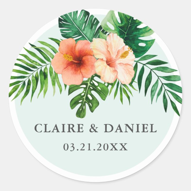 Tropical Mint Green Floral Wedding Envelope Seals (Front)