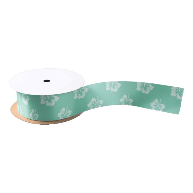 Tropical Mint Green Hibiscus Flower Pattern Satin Ribbon (Spool)