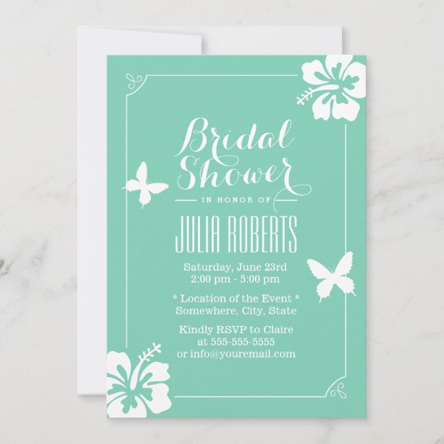 Tropical Mint Green Hibiscus Flowers Bridal Shower Invitation (Front)