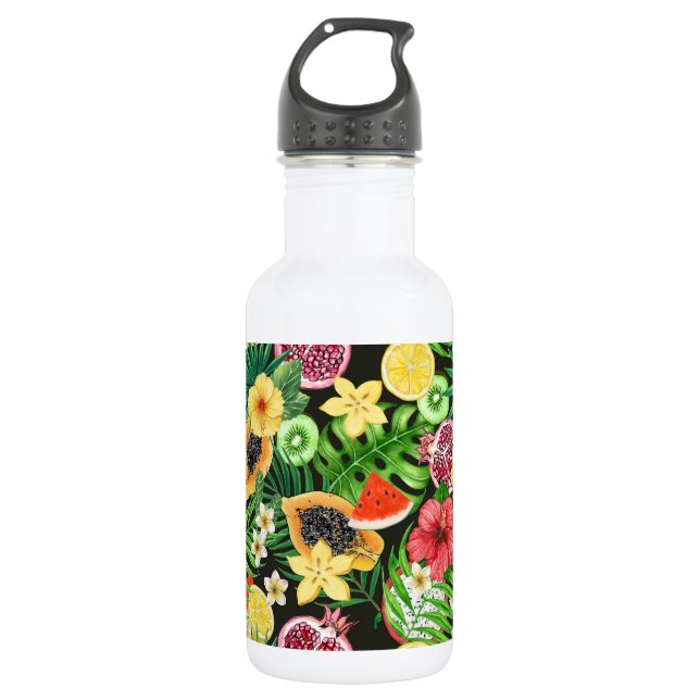 Tropical mix-fruit, flowers and leaves on black 532 ml water bottle (Front)